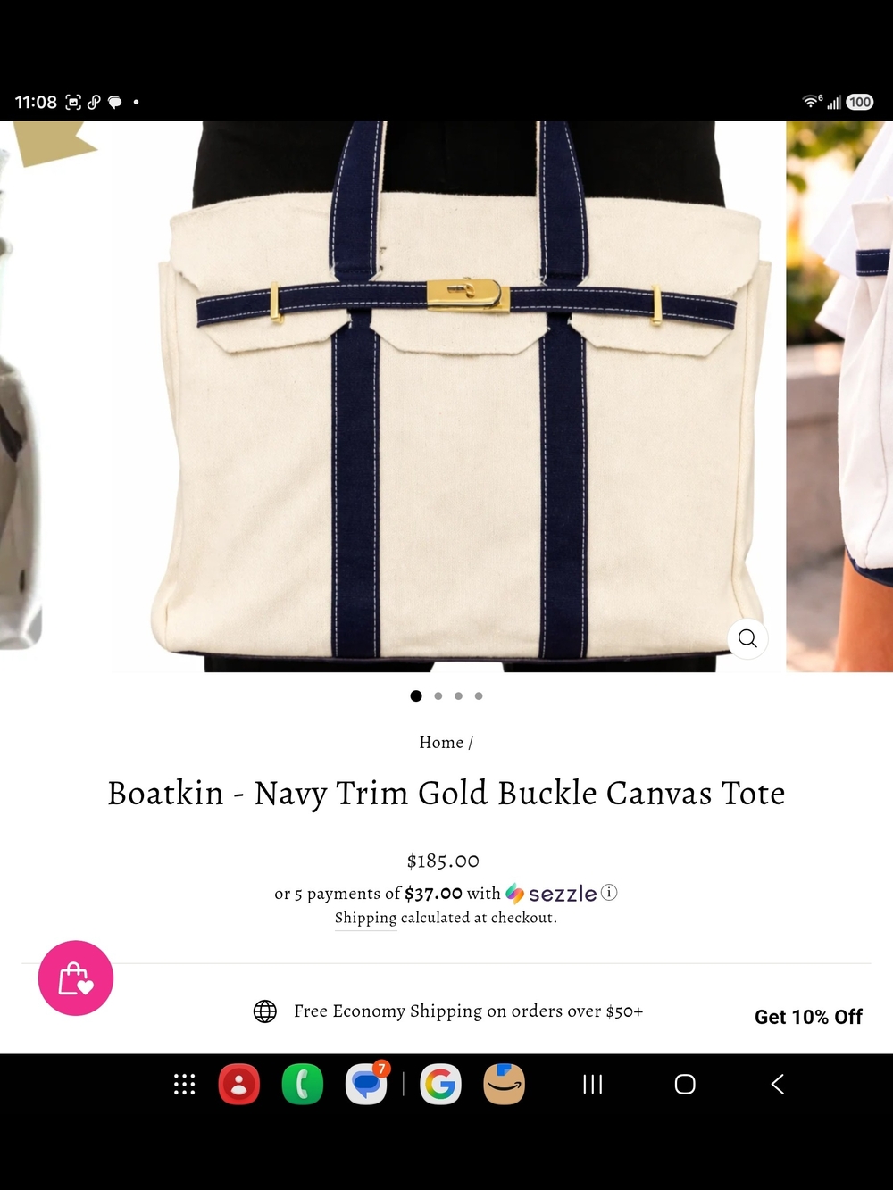 Boatkin Canvas Tote with Navy Trim and Gold Buckle NWOT